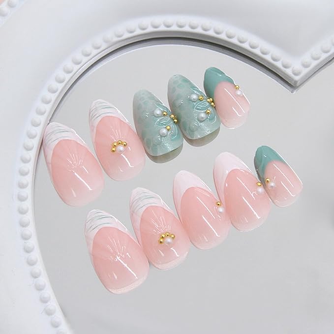 24Pcs Green Press on Nails Medium Almond French Tip Fake Nails with 3D Flower Shell Designs Acrylic Stick on Nails Pearl Gold Beads False Nail Summer Beach Glue on Nail for Women