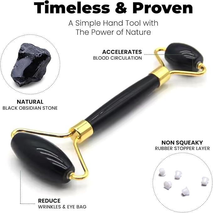 ROSELYNBOUTIQUE Gua Sha Facial Tools & Face Roller Original Face Massager for Puffiness Wrinkless Skin Care Routine - Self Care Gift for Men Women (Black Obsidian)