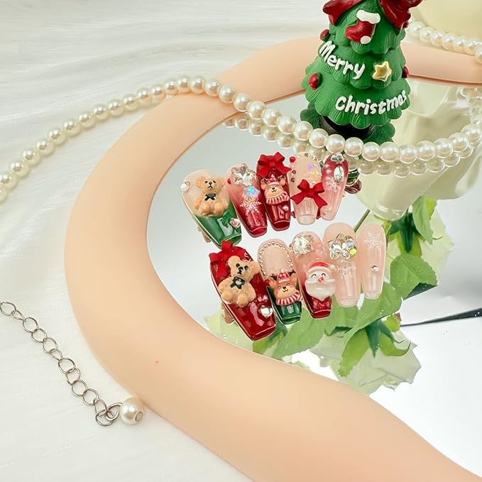 10Pcs Handmade Christmas Press on Nails Long Coffin False Nails with 3D Bear Bow Charms Design Cute Santa Claus Elk Fake Nails Reusable Full Cover Glue on Nails for Women DIY Acrylic Manicure