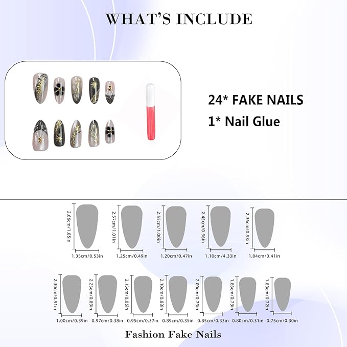 IMRAIN Press on Nails Medium Almond Fake Nails Black Ombre & Cat's Eye False Nails Full Cover Acrylic Glue on Artificial Nails Glossy Stick on Nails for Women Girls DIY Manicure 24Pcs