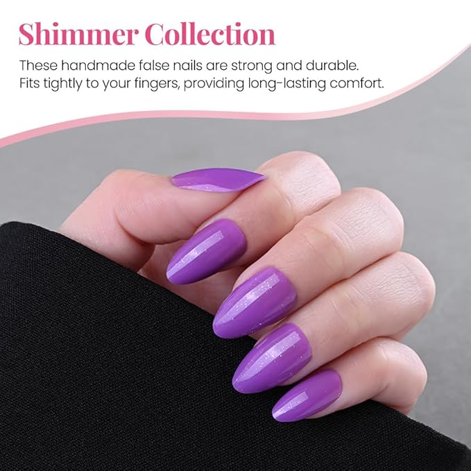 evpct Press on Nails Almond Short, Violet Purple Glitter Shimmer Shiny Short Almond Fake Nails for Women Gift, Soft Gel Press Glue On Nails with Nail Glue 30Pcs Reusable Acrylic Fake Nail Manicure Kit
