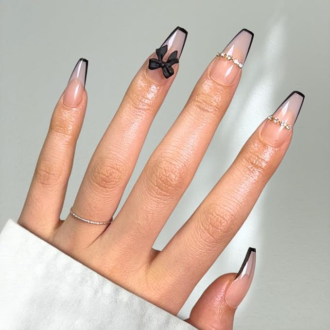 Perfect Look Press On Nails - Bow French | No Glue One-Day Long Coffin Nails, Black French Nude Nails with 3D Bow - 24 Pcs Nail Kit with Adhesive Tabs