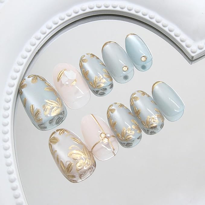 24Pcs Gold Flower Press on Nails Medium Almond Fake Nails 3D Flower with Pearl Full Cover Gold Chrome False Nails Glue on Nails Blue White Stick on Nails for Women Acrylic Manicure Kit Decorations