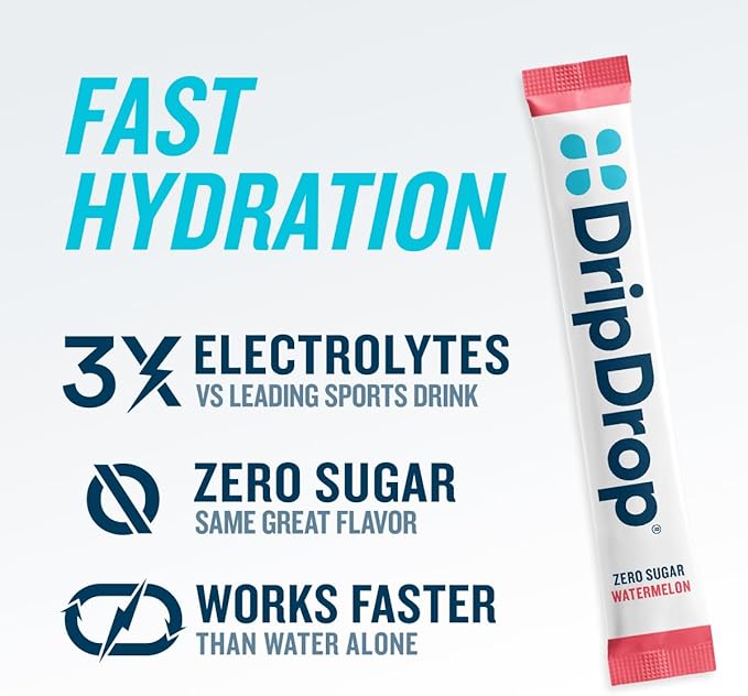 DripDrop Sugar Free Hydration Packets - Zero Classic Variety Pack - Single Serve Electrolytes Powder Drink Mix - Lemon Lime, Watermelon, Peach, Passion Fruit - Non-GMO, Gluten Free, Vegan - 32 Sticks