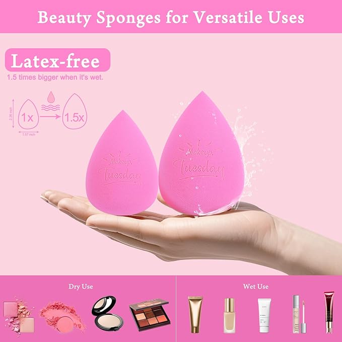 Real Perfection Makeup Sponge Set Blender Sponges, Latex-Free Beauty Makeup Sponges 7 pcs with 1 Travel Container Case for Blending Foundation Liquid Cream and Powder (Pink)