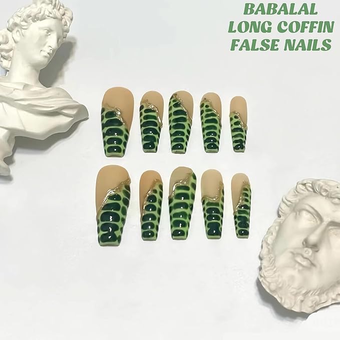 BABALAL Long Coffin Press-On Nails - Green French Tip Acrylic With Crocodile Pattern - 24Pcs Ballerina False Nails for Women and Girls
