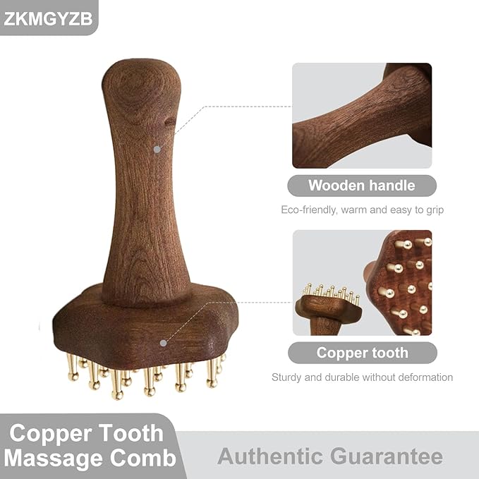 24teeth Copper Head Massage Comb for Body and Scalp Meridian Point Massager Brush for Body and Scalp Relief Body Massage Brush for Cellulite Remover Chinese SPA Gua Sha Tool Wooden Handle