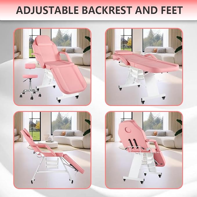 Tattoo Chair for Client Facial Chair with Wheels 73inch Adjustable Tattoo Bed for Artist Massage Table with Stool Facial Bed for Spa Beauty Pink