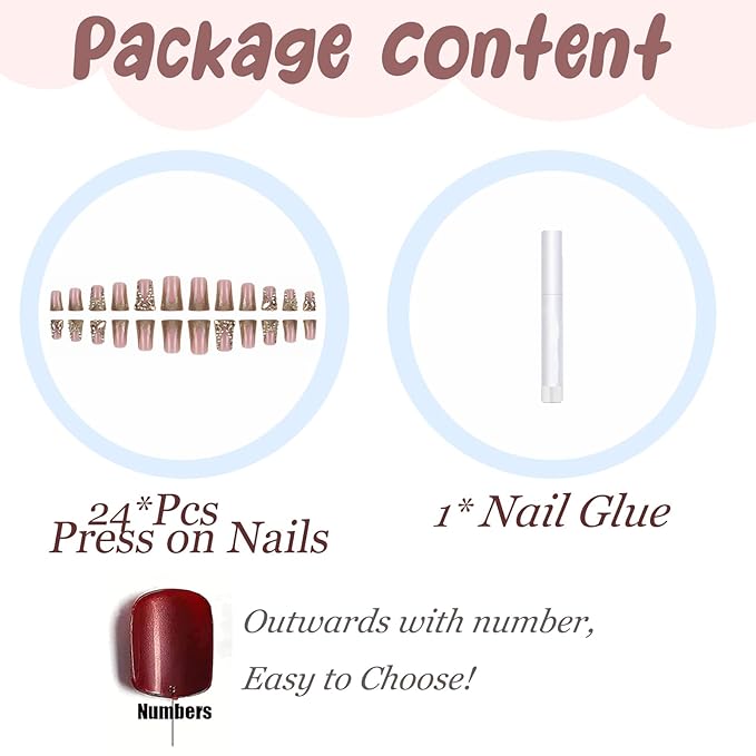 BABALAL Duck Nails Press on Gold Fake Bling French Tip Glue on Luxury Butterfly Rhinestone Acrylic 24Pcs Manicure Stick on False