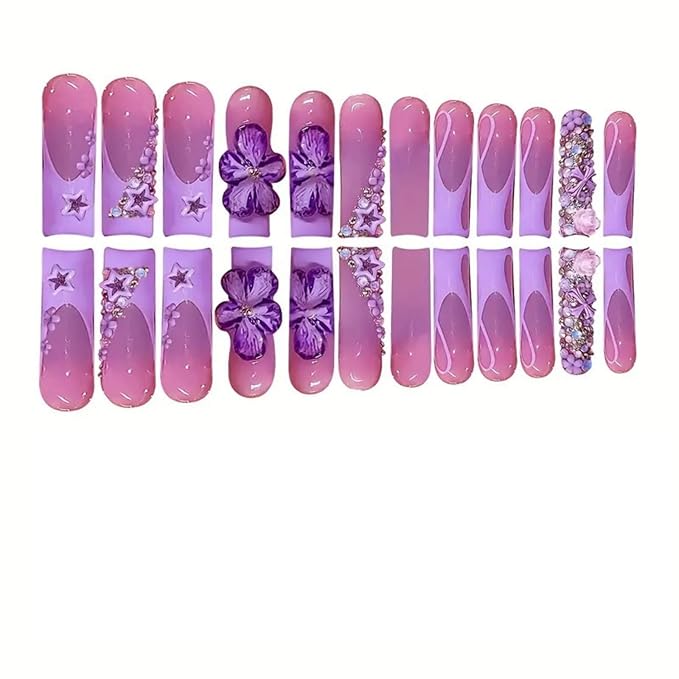 Long Press on Nails Square Fake Nails SEENEEY French Artificial Nail with Purple Floral and Rhinestones Designs Cute Stick on Nail for Women 24pcs