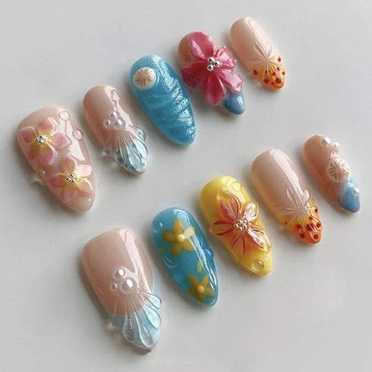 24Pcs Summer Press on Nails Almond French Tip Fake Nails 3D Flower Acrylic Nails Tropical Flowers Nail Art Designs Pearl Charms Glossy Medium Stick on Nails for Women DIY Manicure Accessories