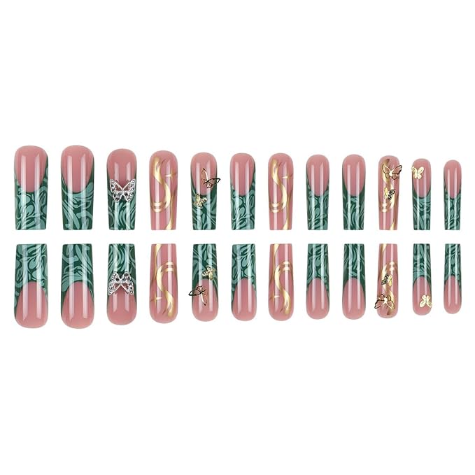 Long Press on Nails Square Fake Nails French Tip False Nails Green Artificial Nails with Butterfly Designs Stick on Nails for Women 24pcs