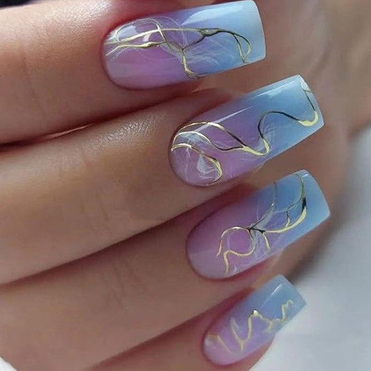 Press on Nails Medium Square Fake Nails with Gold Curved Line Designs Blue Pink Gradient Nails Press ons Glossy Glue on Nails Cute Acrylic Nails Full Cover Stick on Nails for Women 24Pcs