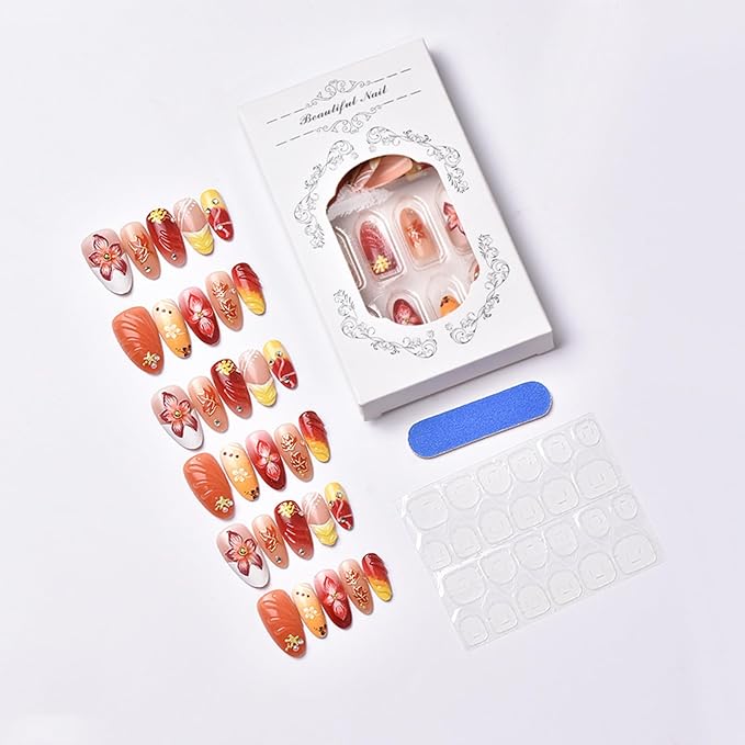30Pcs Fall Press on Nails Medium Almond Fake Nails with 3D Flower Rhinestones Design Handmade French Tip Nails Autumn Thanksgiving Maple Leaf False Nail Gradient Stick on Nail for Women