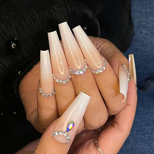 Yivaiks Press-on Nails, 24pcs Ballerina Bling Acrylic Nails Kit, Rhinestones Coffin Nails with Designs, Full Cover Artificial Nails, 12 Sizes, Ideal for Occasions, Gifts, Temporary Use