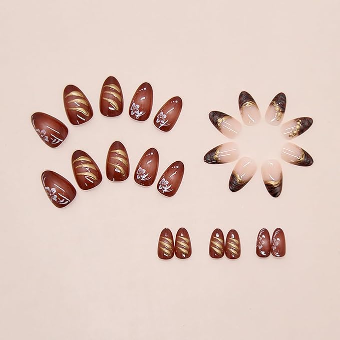 24Pcs French Tip Press on Nails Short Almond Fake Nails 3D Gold Beads Design Fall Flower Acrylic Nails Gold Chrome Line Full Cover False Nails Zebra Stripe Brown Glue on Nails Decoration for Women DIY