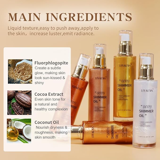 Liyalan Shimmer Body Oil Golden Brown 5 Color Bronze Face Glow Pearl Highlighter Illuminator Body Makeup Shine Glitter Gold Liquid Taning 3.38 Fl Oz