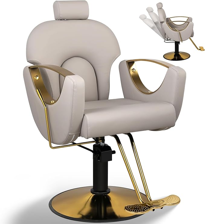 Salon Chair for Hair Stylist, Reclining Hair Barber Chair with Heavy Duty Hydraulic Pump, Up to 440 Lbs, 360 Degrees Swivel Beauty Spa Equipment for Salon Barbershop, Grey Glod