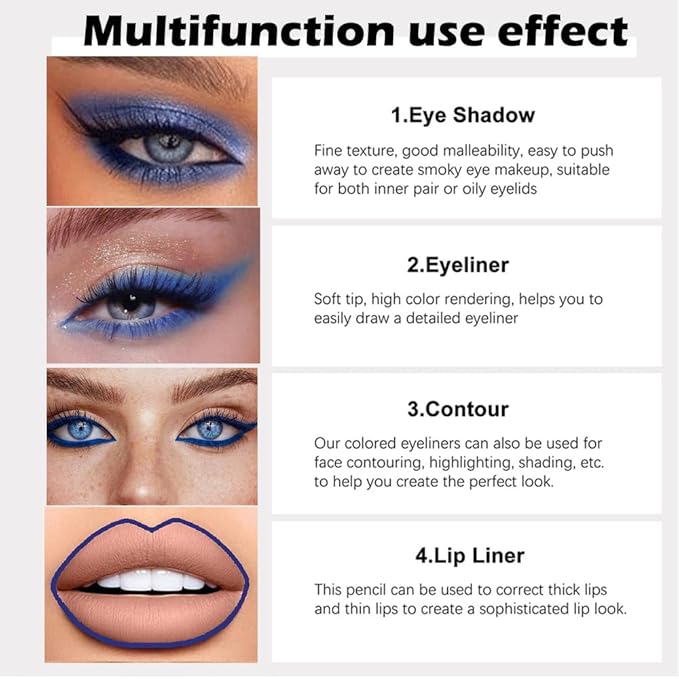 evpct 3Pcs Shimmer Royal Blue & Dark Blue & Royal Blue Gel Glitter Eyeliner Pencils Set for Women Waterproof Smudge Proof lapiz de ojos delineador de ojos contra el agua Eye Liner Makeup 07 08 24