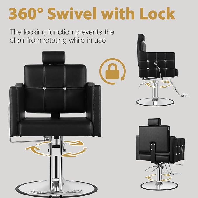 Black Reclining Salon Chair for Hair Stylist, Barber Chair for Barbershop with 350LBS Hydraulic Pump, Adjustable Headrest, 135° Recliner Hair Stylist Chair for Beauty Salon, Spa or Tattoo Studio