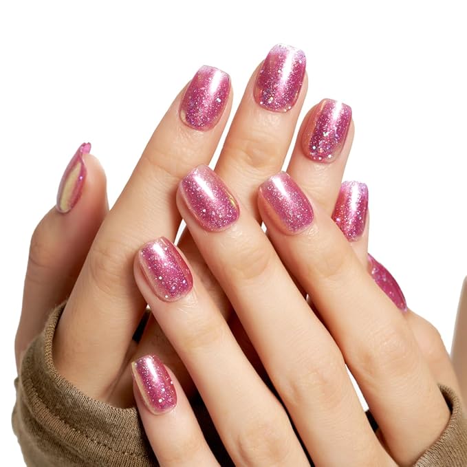 GLAMERMAID Glitter Pink Press On Nails Extra Short Square, Handmade Jelly Soft Gel Nails Fake Nails kit, Glossy Nails Manicure Kits Stick Glue on False Nail for Women Galaxy Star Design