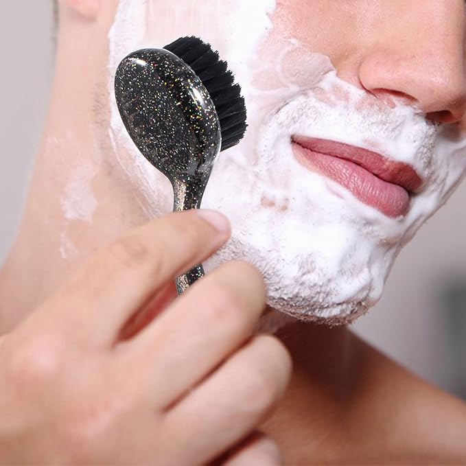 3 Pcs Large Handheld Face Scrubber, Beomeen Facial Cleansing Brush Charcoal Black Bristles Face Exfoliator Cleaner Soft Brush with Lid for Gentle Deep Cleansing and Exfoliating (Black-Glitter)
