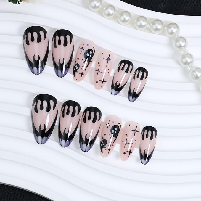 24Pcs Halloween Press on Nails Medium Almond French Tip Fake Nails Black Ghost with Bloody Drop Horror Designs Purple Glitter Full Cover Tips Glue on Nails Goth False Nails for Acrylic Manicure Salon