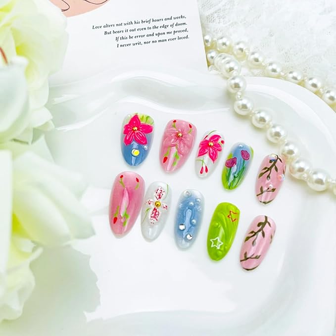 30Pcs 3D Flower Press on Nails Medium Almond Fake Nails with Gem Rhinestones Design Heart Bow Acrylic Nails Full Cover Cute Flowers False Nail Reusable Fall Stick on Nail for Women Manicure Decor