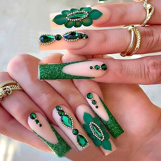 Long Square Press on Nails Green French Tip Fake Nails Green Gem Flower Design Full Cover Glossy Glue on Nails for Women 24PCS