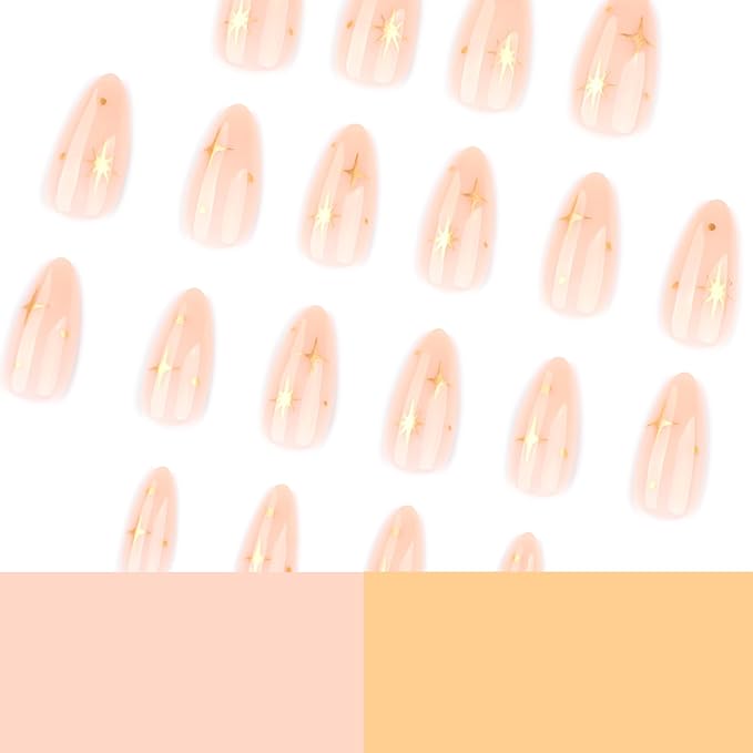 Nude Pink Almond Press On Nails Short, cute Fake Nails with Gold Star & Dot Detail, Glossy Gel Finish Acrylic Nails, Reusable Glue On Nail Kit for Women, Trendy Star Design False Nail, 24Pcs
