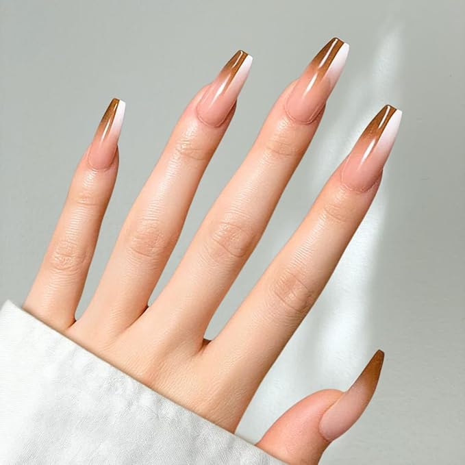 Perfect Look Press On Nails - Chic Glaze | No Glue One-Day Long Coffin Nails, Glossy Pink Swirl French Fake Nails - 24 Pcs Nail Kit with Adhesive Tabs