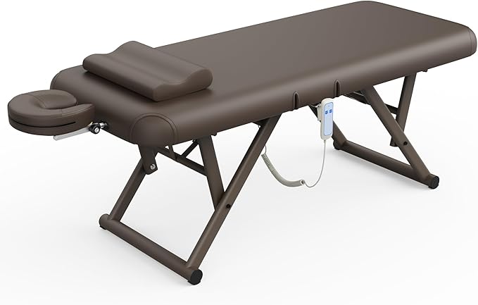 pouseayar Adjustable Massage Table with Face Pillow & Headrest, Sturdy and Solid, Silent and Easy to Adjust - Adjustable Backrest, Electric Leg Lifting, Brown