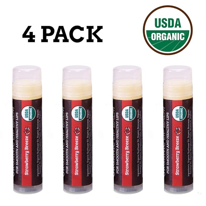 Earth's Daughter USDA Organic Lip Balm 4-Pack Stocking Stuffers Strawberry flavor - Beeswax, Coconut Oil, Vitamin E - Best Lip Repair Chapstick for Dry Cracked Lips.