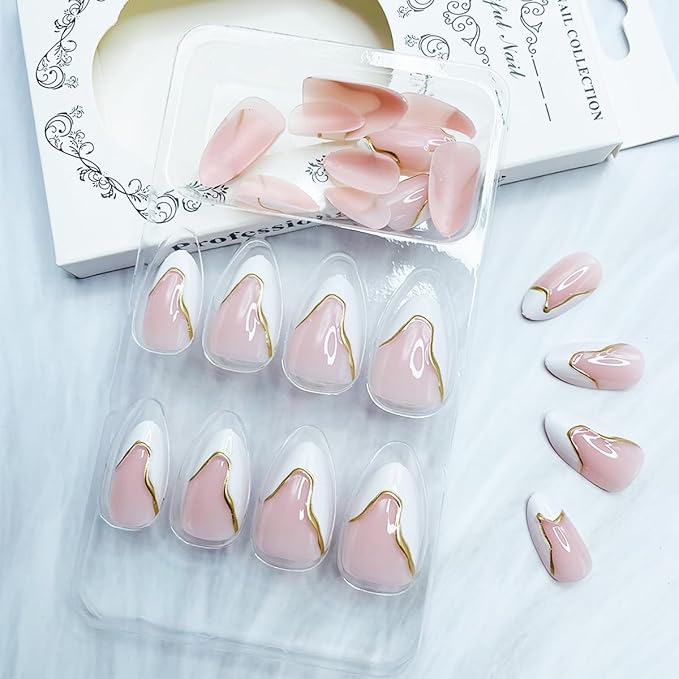 Almond Press on Nails Medium White French Tip Nails Press ons with Gold Lines Design Nude Pink Fake Nails Glossy Artificial Acrylic Nails Almond Nails Tips Full Cover Glue on Nails 24Pcs