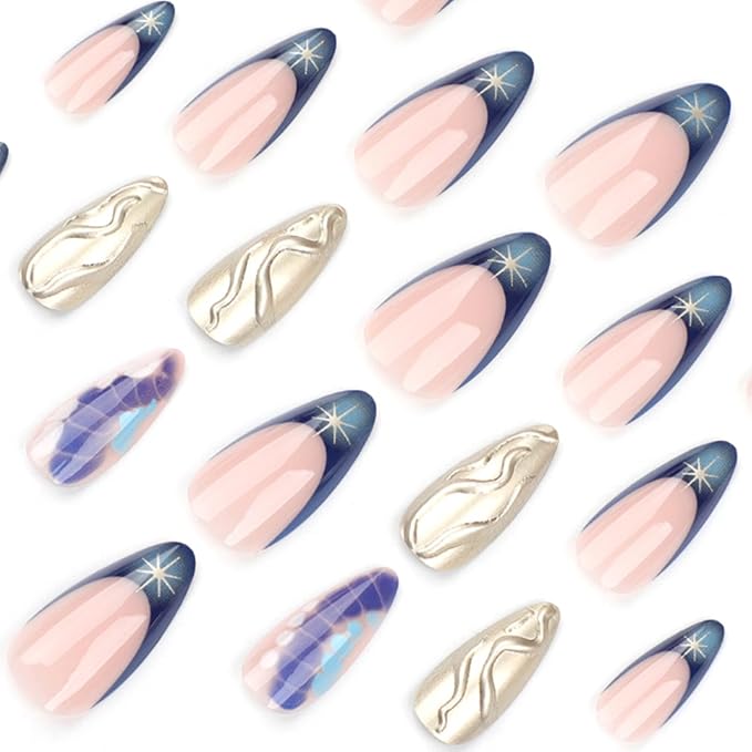 Hkanlre Stiletto Press on Nails Fake Blue Nails Tips Full Cover False French Long Nails for Women and Girls 24PCS