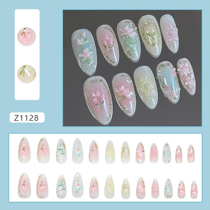 24Pcs Blush Pink Press on Nails Light Flower Glitter Medium Almond Fake Nails Handmade Almond Light Blue False Nails Flower Designs Stick on Nails Summer Woman Manicure