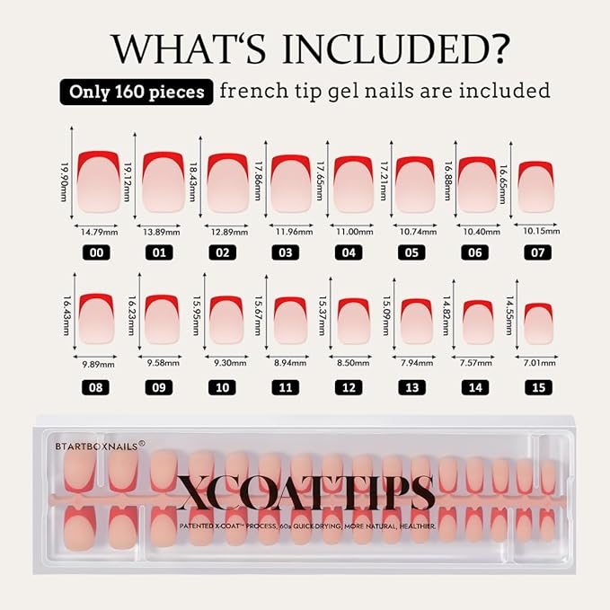 BTArtboxnails XCOATTIPS Red French Tip Press on Nails - Red French Tip Nails Square, Christmas Press on Nails Short, Soak Off Soft Gel Nail Extension 160Pcs