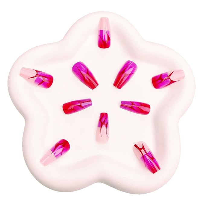 Coffin Press on Nails Medium Fake Nails with Red Lines Designs Gradient Glue on Nails Red Pink Nails Press ons French Tip False Nails Acrylic Artificial Stick on Nails for Women 24Pcs
