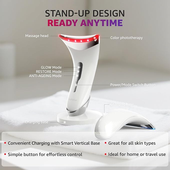 Red Light Therapy for Face and Neck, Renewal Face Lift Device with Vibration Tech, 3 in 1 Face Massager Tool with Thermals, True Beauty Glow Facial Sculptor for Wrinkles, Double Chin (White)