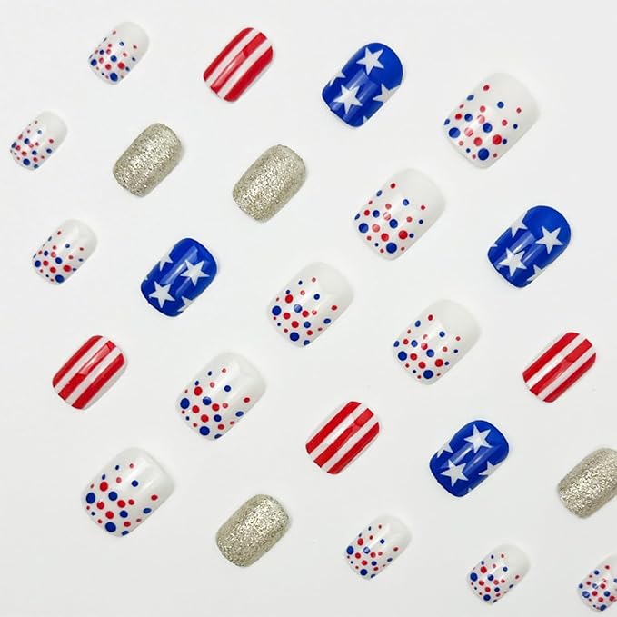 24Pcs 4th of July Press on Nails Short Square Fake Nails Red Blue Line False Nails with White Star Design Silver Glitter Stick on Nails Full Cover Artificial Glue on Nails Cute Nail Supplies for Women