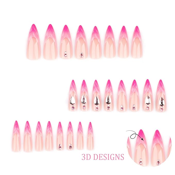 IMRAIN Press on Nails Long Stiletto Fake Nails Pink Gradient 3D Wave French Tips False Nails with Rhinestone Designs Full Cover Handmade Artificial Glossy Glue Stick on Acrylic Nails for Women 24Pcs