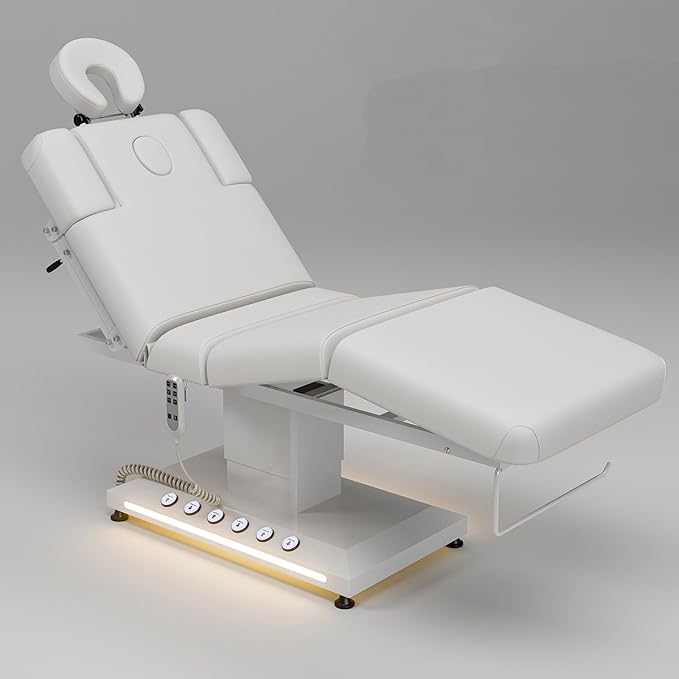 Icoget Professional Full Electric Spa Massage Treatment Table, Medical Bed with Independent Leg Adjustment, Facial Bed with Face Cradle for Beauty, White