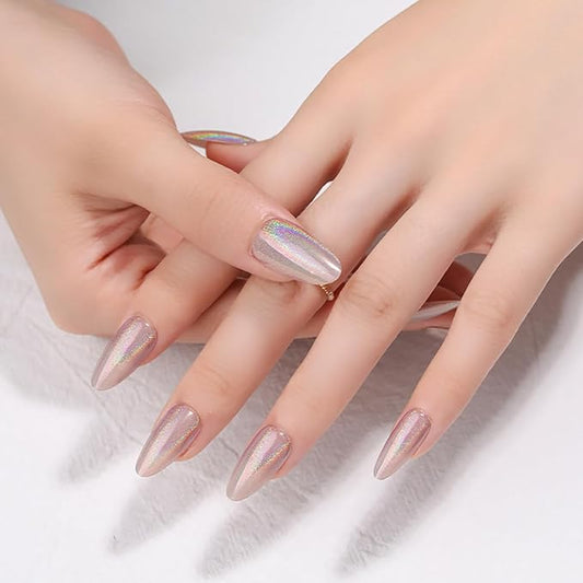 24Pcs Silver Holographic Acrylic Press on Nails Short Almond - Reusable Fake Nails with Nail Glue Kit, Long Lasting Chameleon Static Nails for Women Daily Wear & Parties (Glossy Laser Design)