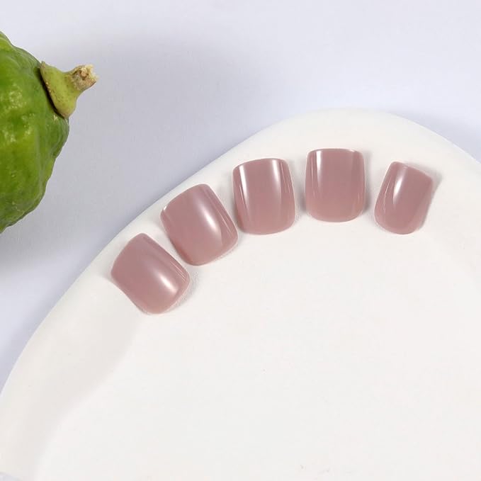 Caramel Beige Press On Nails Short, Glossy Soft Gel Press On Nails Square with Nail Glue, 15 Sizes - 30 Fake Nails Kit, Thick Natural Reusable Glue On Nails for Women, Silken Caramel