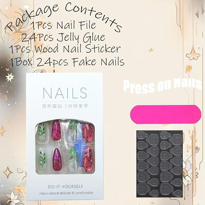 Almond Press on Nails Medium Fake Nails Colorful Flower Acrylic Nails Silver Butterfly Stick on Nail Reusable Leaf False Nail with Glue Artificial Glue on Nail for Women Manicure Decorations 24Pcs