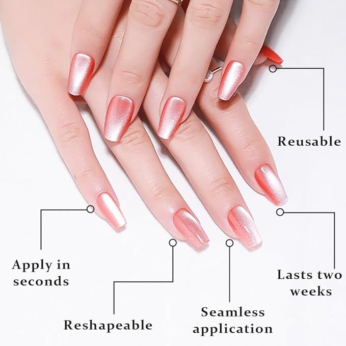 evpct Pink Cat Eye Coffin Press on Nails Square Medium, Medium Square Glue on Nails for Women Gift, Warm Pink Metallic Glitter Glossy Reusable Spring Summer Gel Press on Acrylic Fake Nail with Design