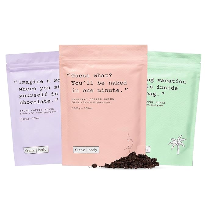 Frank Body Scrub Variety Pack | Natural, Vegan, Cruelty Free Exfoliating Body Scrub | Includes Original Coffee, Cacao, & Coconut Coffee Scrubs | 3 x 7.05 oz / 200 g