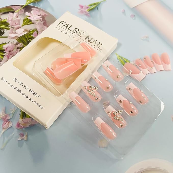 24Pcs Long Press on Coffin Shaped False Nails - Square French Tip Design with Butterfly Charms, Rhinestones - Acrylic Glue Nails for Women