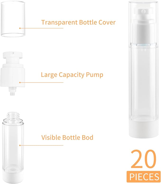 1.7 Oz 50ml Clear Airless Cosmetic Cream Pump Bottle Travel Size Dispenser Refillable Containers/Foundation Travel Pump Bottle for Shampoo (Pack of 20)