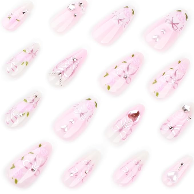 24pcs Pink Press on Nails Medium Almond Fake Nails with Star Heart Pearl Rhinestones Design Bow False Nails Flower Glue on Nails Cute Pink Bows Floral Acrylic Nails Full Cover Stick on Nails for Women